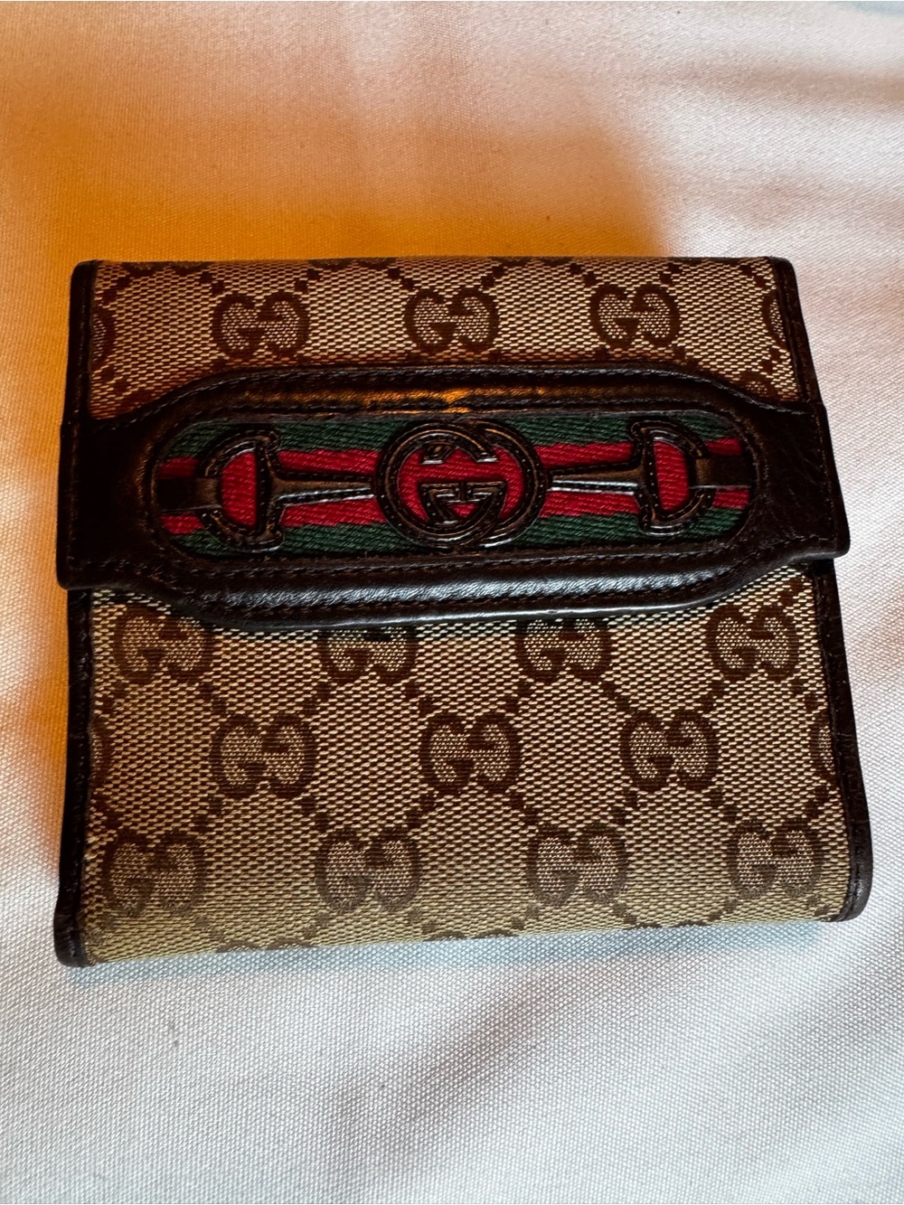 Gucci Vintage Beige Monogram Card Holder with Green and Red Web Stripe